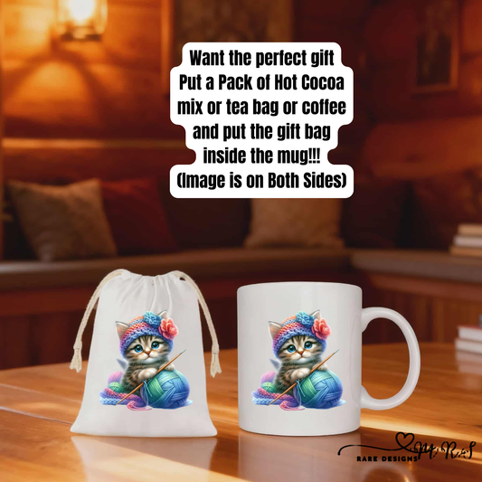 Knitting Kitten Cozy Gift Set – 11oz Ceramic Mug + 4x6 Matching Gift Bag Save $2