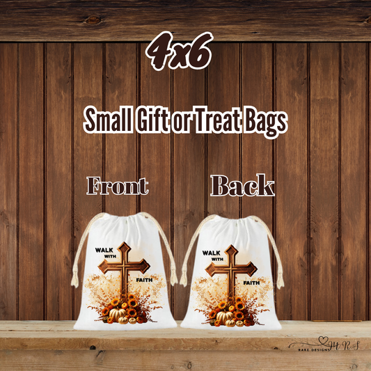 Walk With Faith Autumn Cross Drawstring Gift Bags – 4×6 (Front & Back Print)