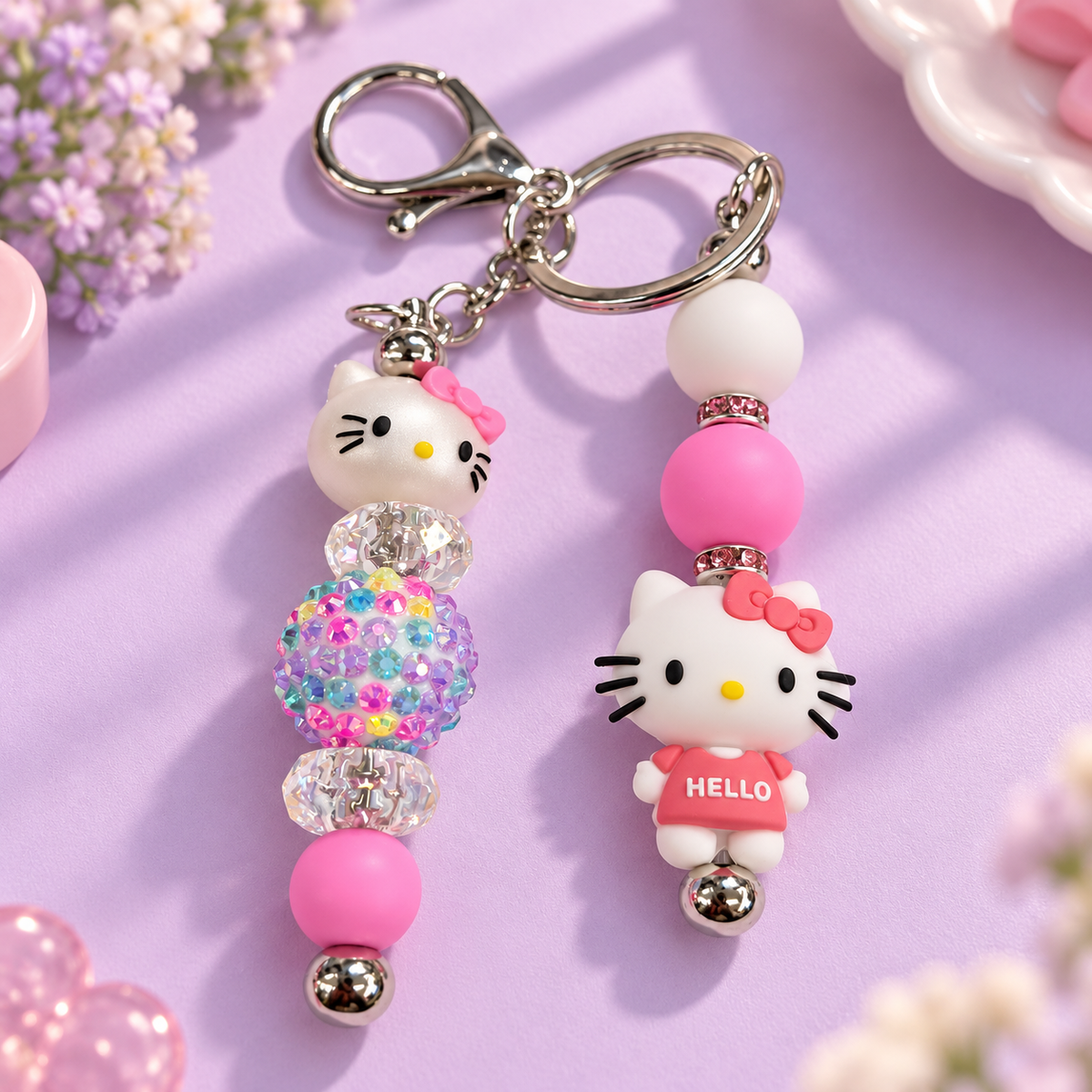 Pink Cat Beaded Keychain with Bow