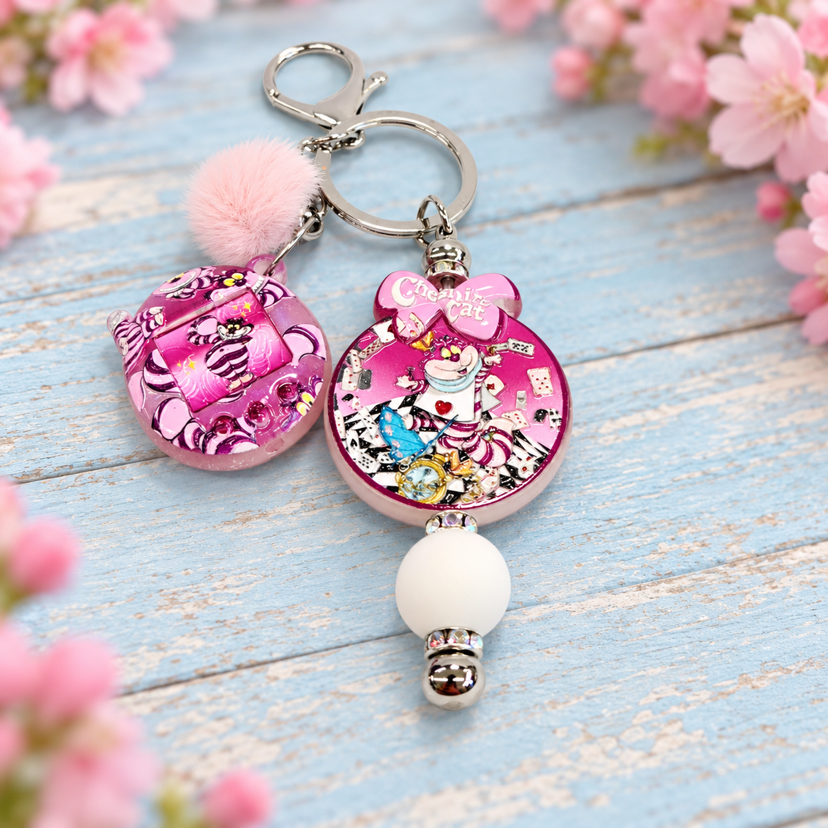 Cheshire Cat Pink Beaded Keychain with Pom Pom