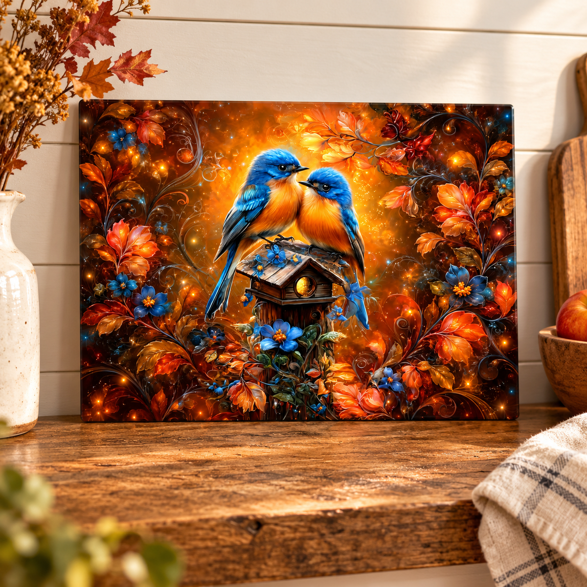 Amber Garden Bluebirds Glass Cutting Board – 11 x 7.87 Inch