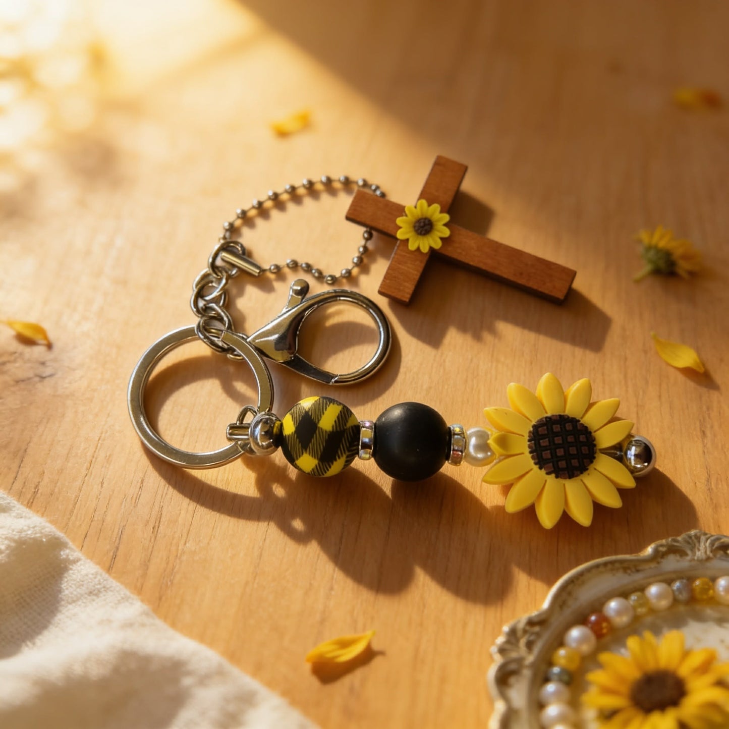 Sunflower Faith Wooden Cross Beaded Keychain & Bag Charm