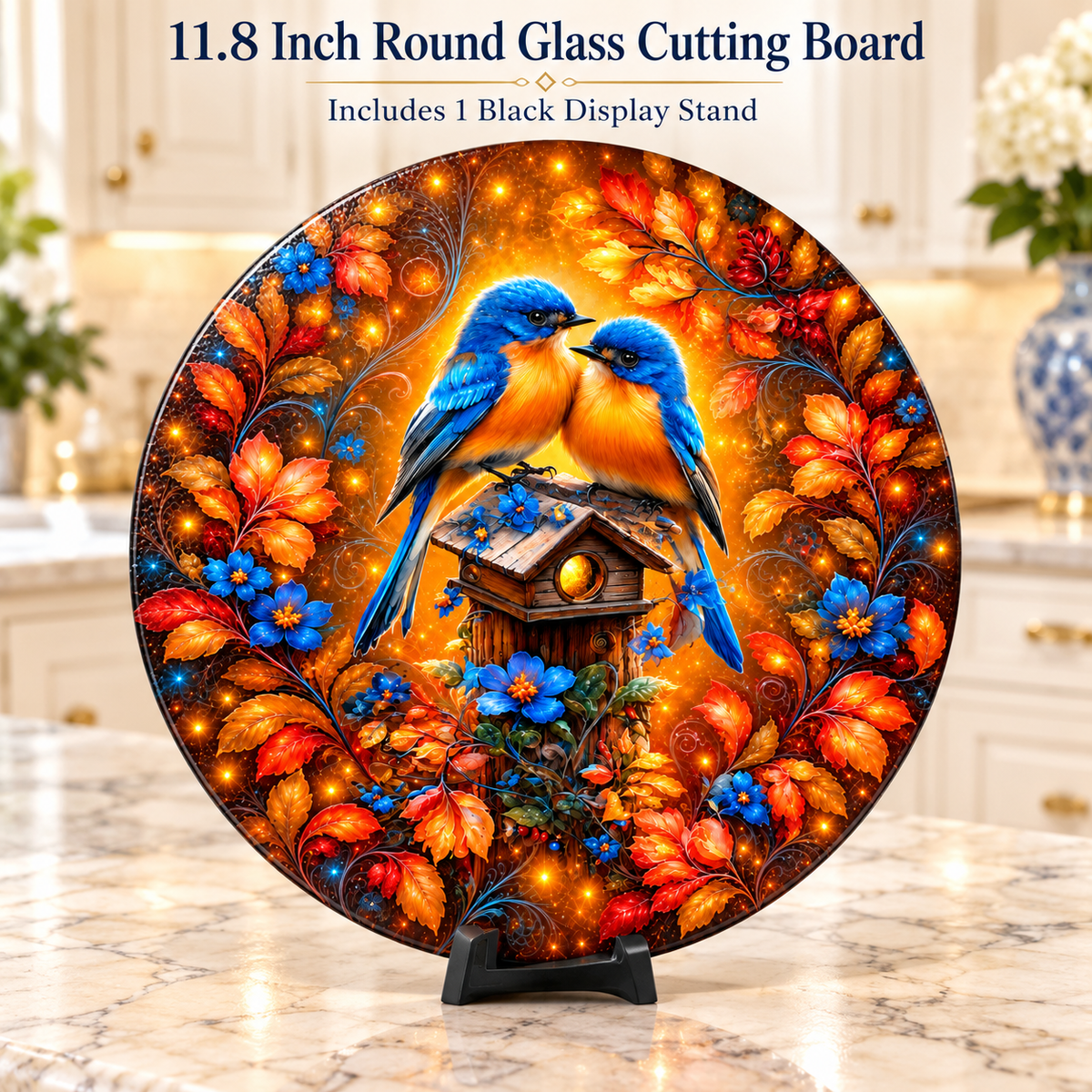 Amber Garden Bluebirds Round Glass Cutting Board – 11.8 Inch