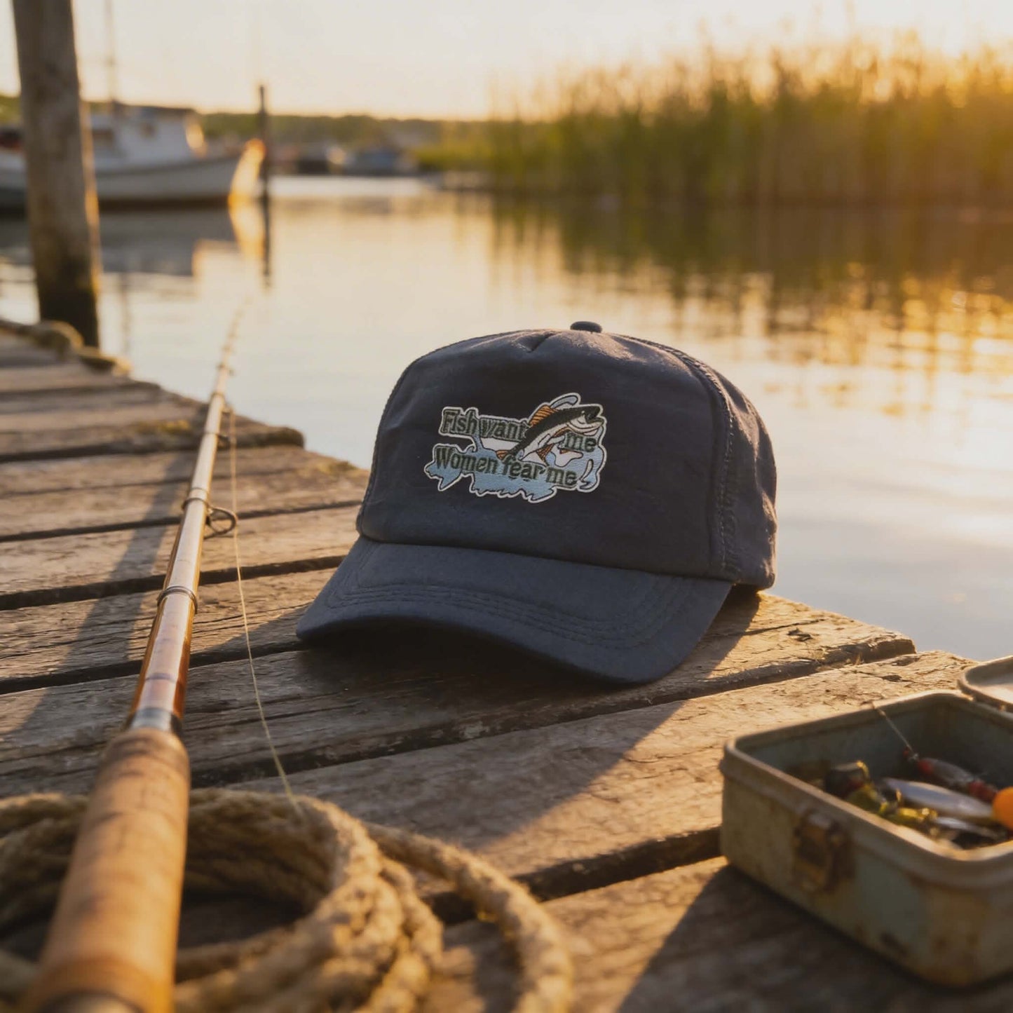 Fish Want Me, Women Fear Me” Navy Trucker Hat – Funny Fishing Mesh Cap