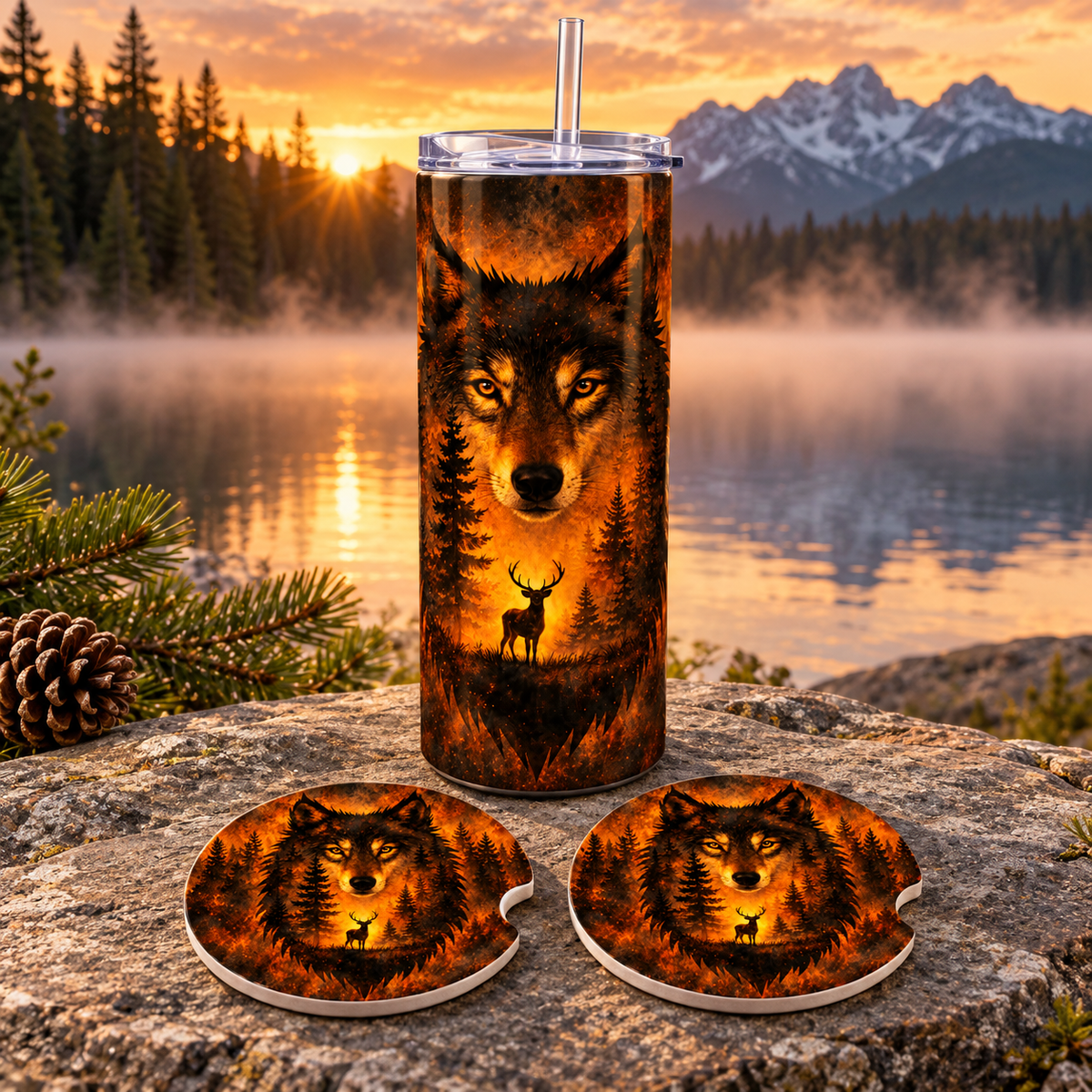 Amber Wilderness Wolf Tumbler & Car Coaster Gift Set