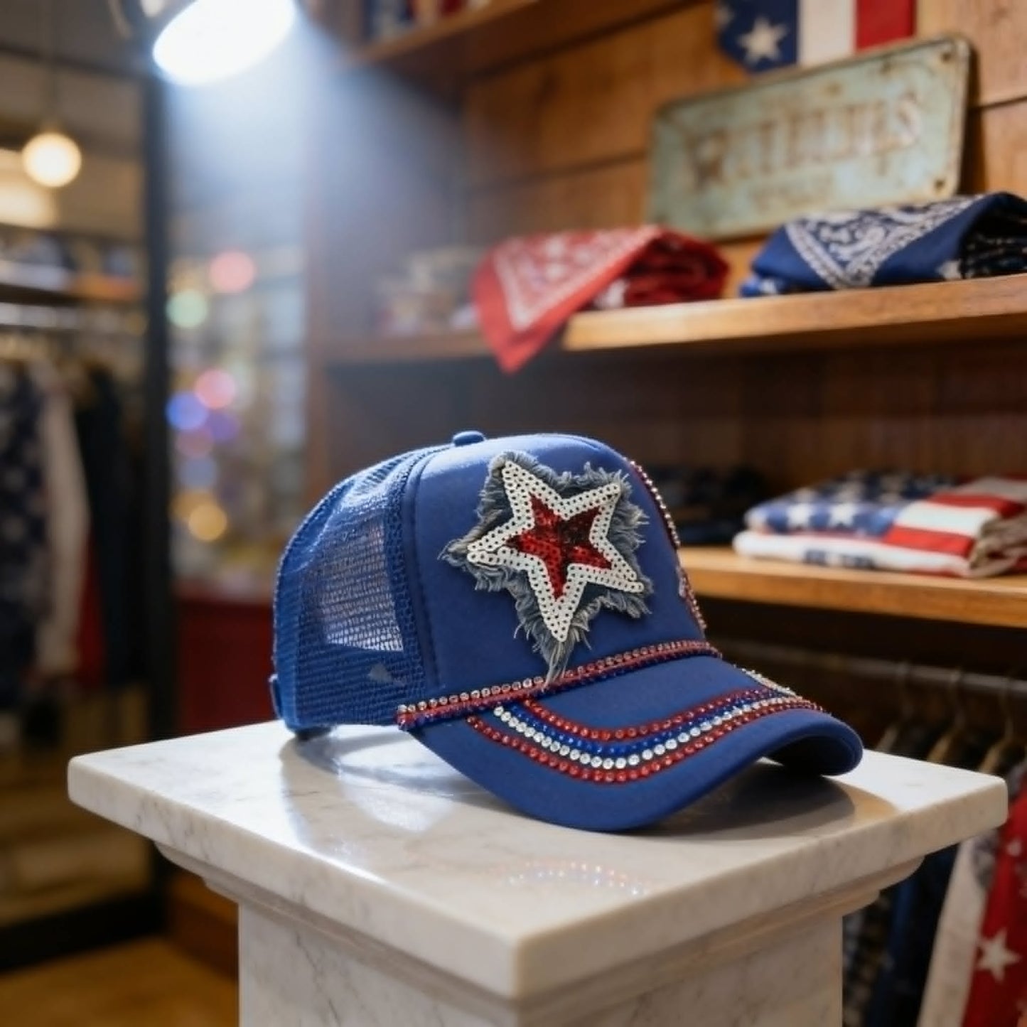 "Liberty Belle Rhinestone Glam Trucker Hat"
