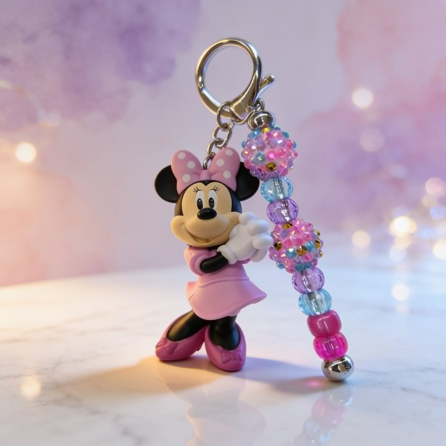 Pink Bow Minnie Beaded Charm Keychain