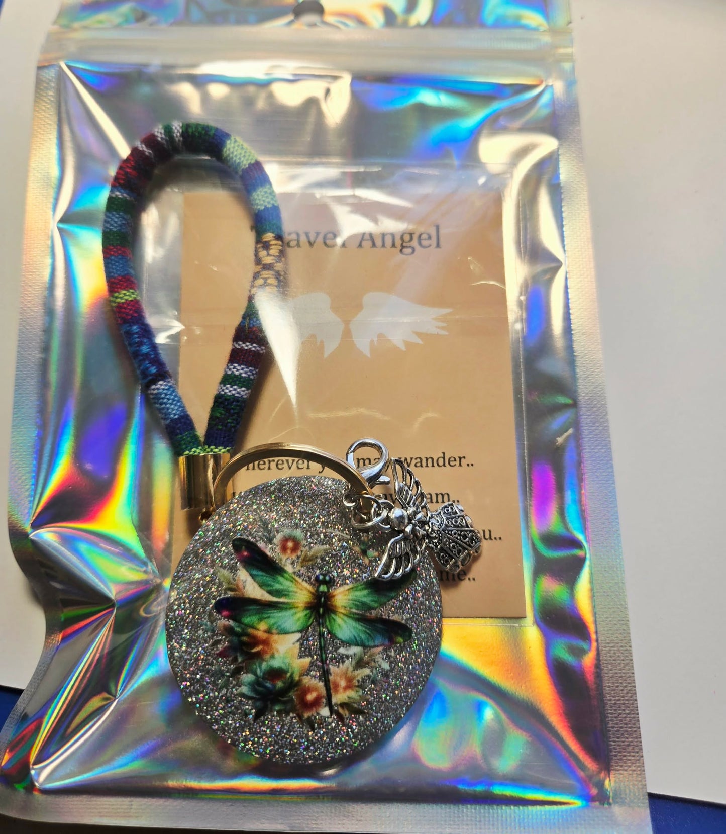 Angel Wings Dragonfly Resin Keychain – Handmade Travel Guardian Charm