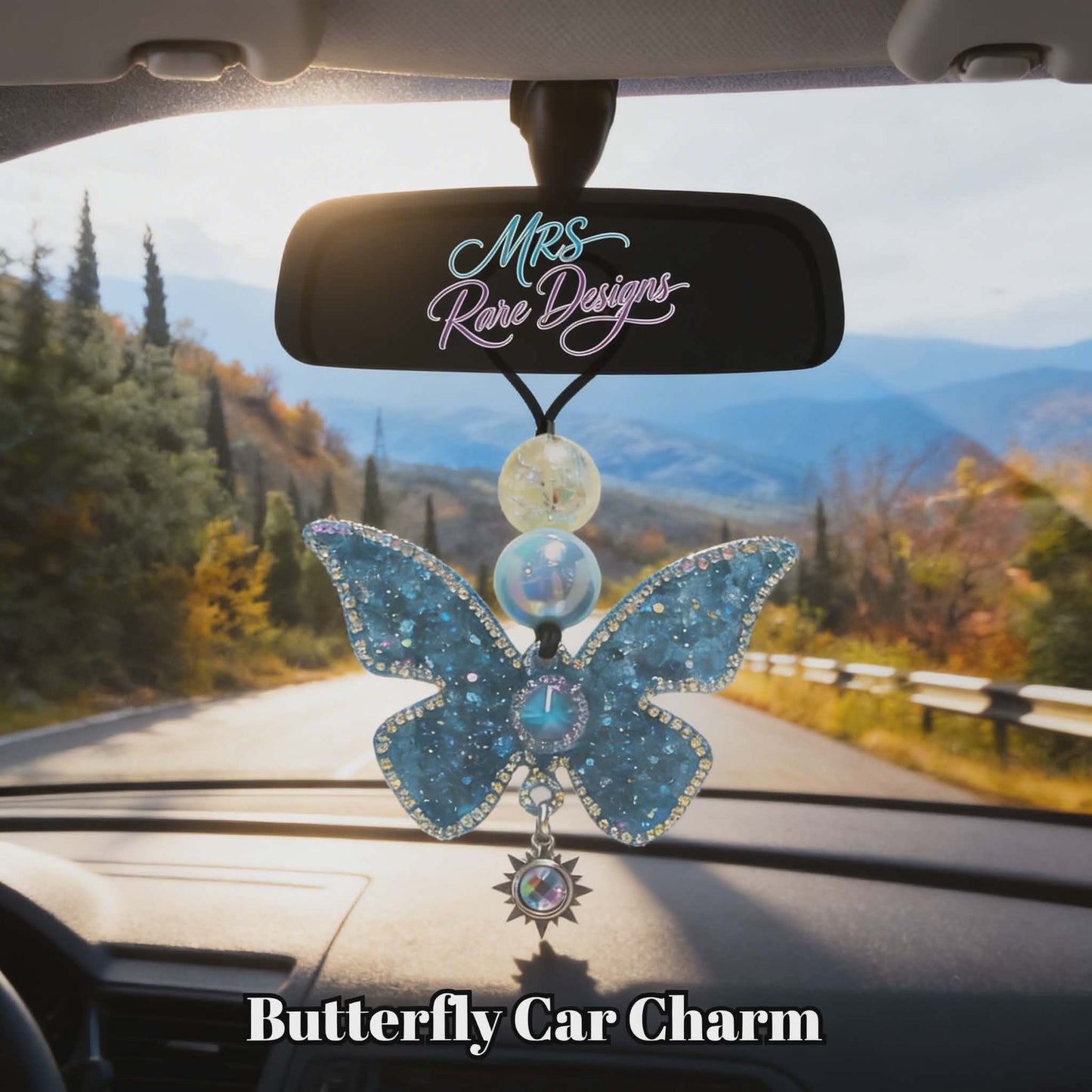 Handmade Blue Glitter Butterfly Resin Car Charm – Sparkling Rearview Mirror Hanging Decor