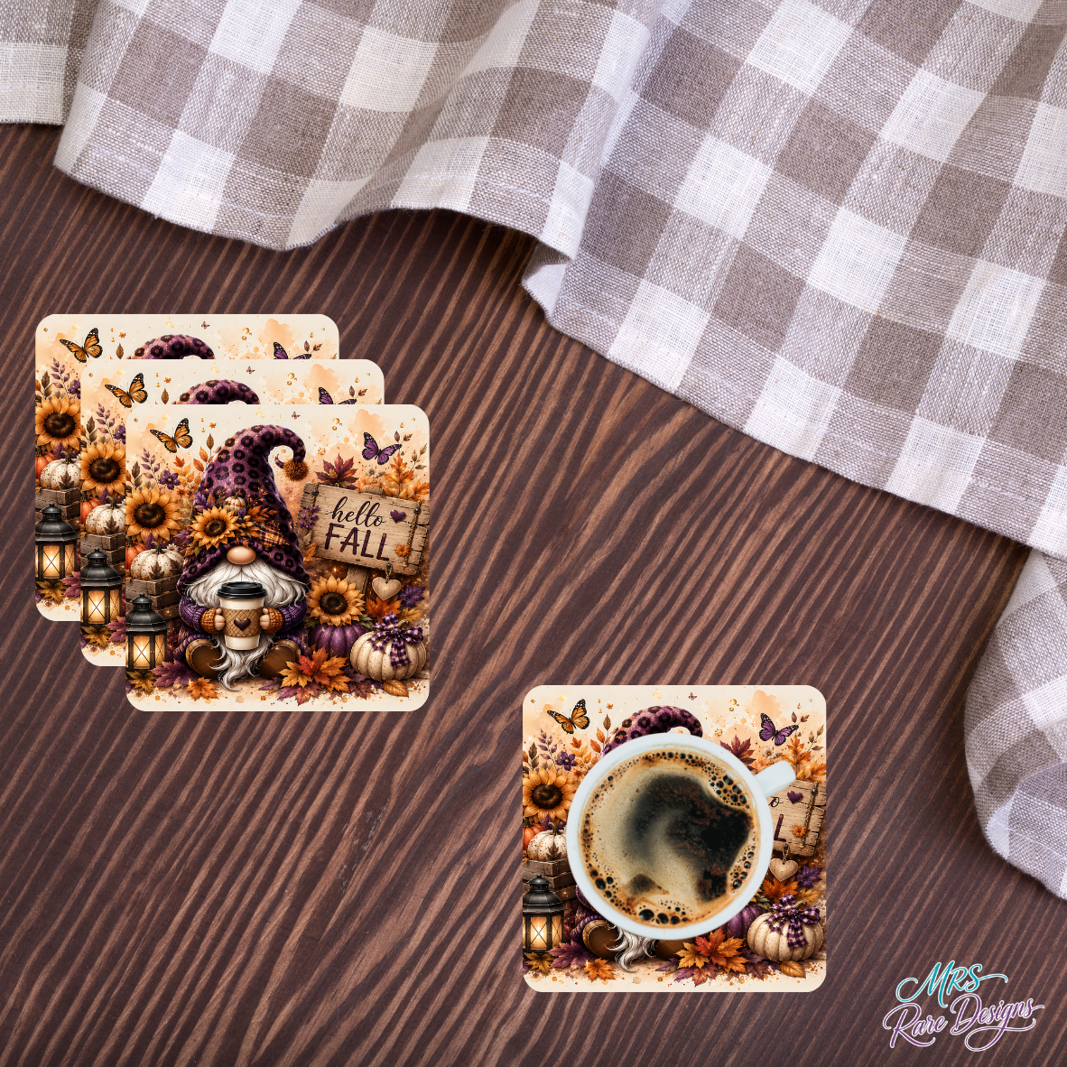 Purple Leopard Print "Hello Fall" Glass Coaster Set (Set of 4)