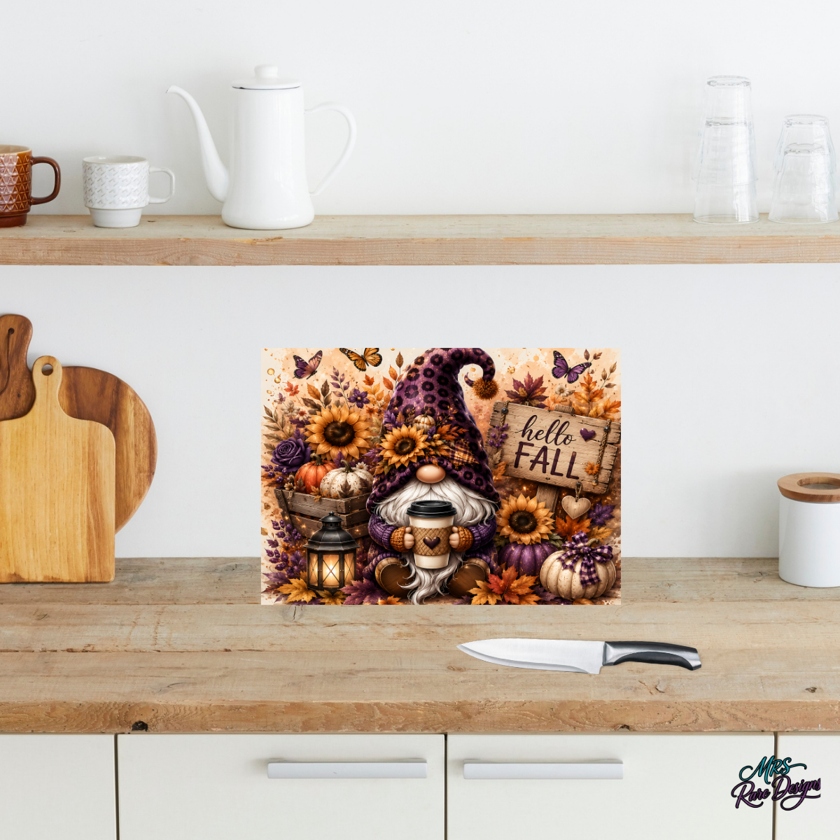 Purple Leopard Print Gnome "Hello Fall" Glass Cutting Board