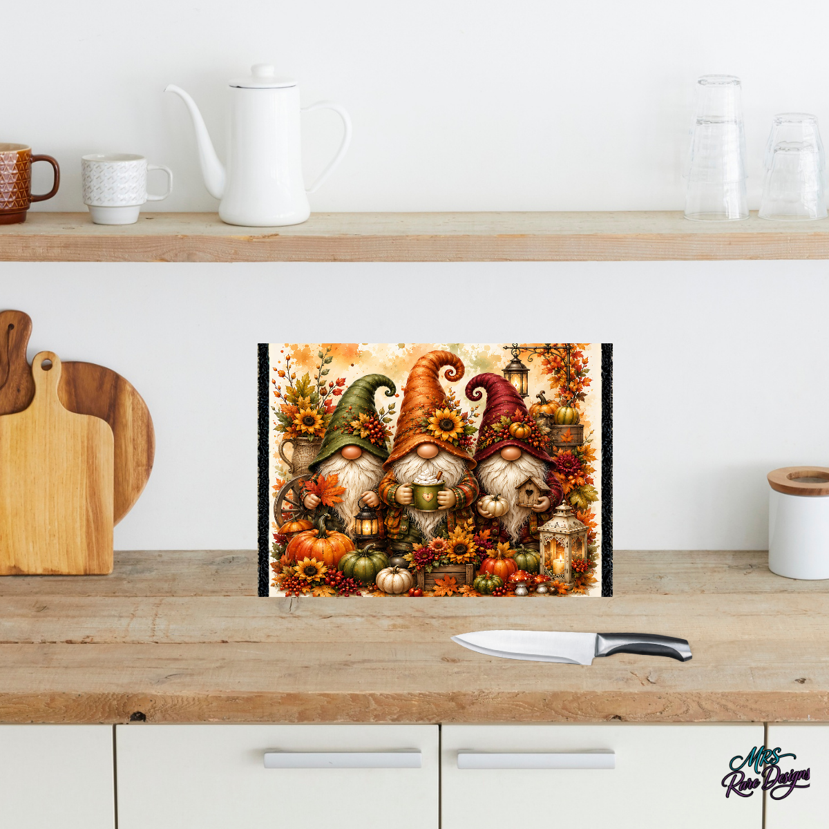 Autumn Gnomes Harvest Glass Cutting Board