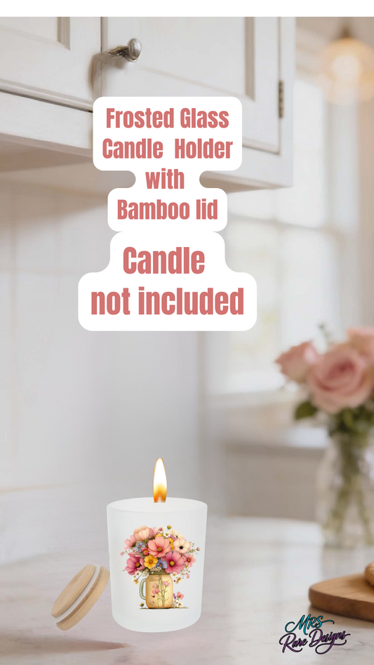 Floral Mason Jar Frosted Glass Candle Holder with Bamboo Lid