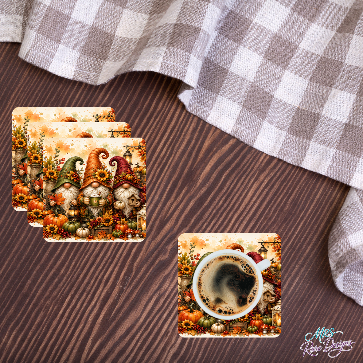 Cozy Harvest Autumn Gnomes Glass Coaster Set (Set of 4)