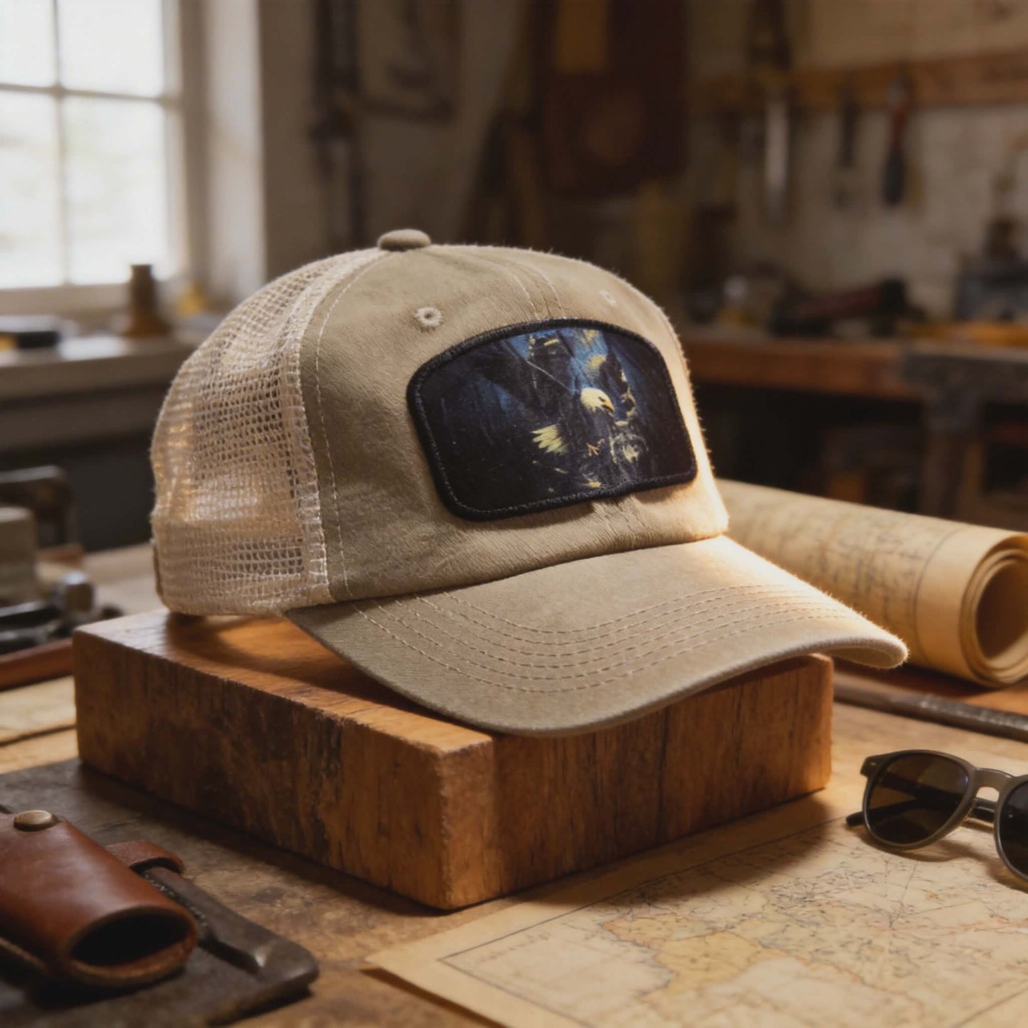 “Spirit of the Wild” Khaki Mesh Trucker Hat – Eagle & Wolf Sublimated Patch Cap