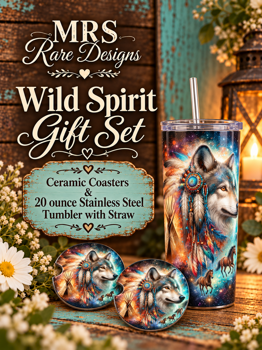 Wild Spirit Wolf Tumbler & Ceramic Coaster Gift Set