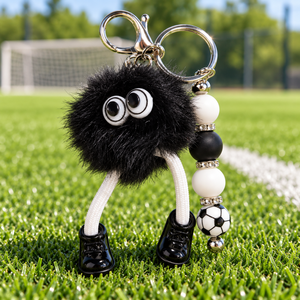 Black Fuzzy Monster Soccer Beaded Keychain