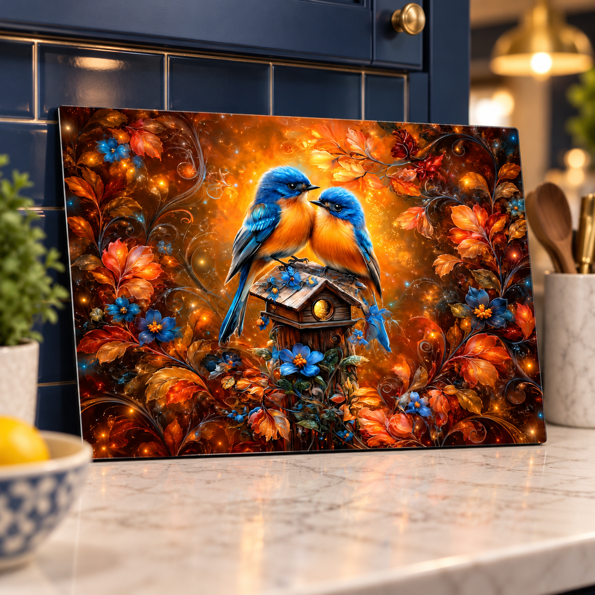 Amber Garden Bluebirds Glass Cutting Board – 11 x 7.87 Inch