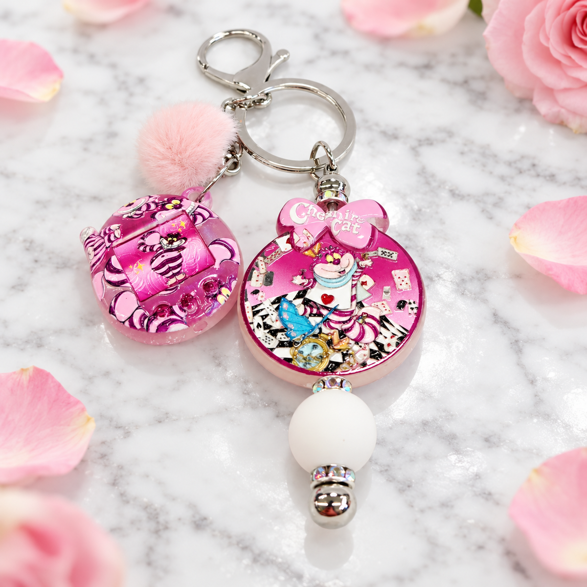 Cheshire Cat Pink Beaded Keychain with Pom Pom