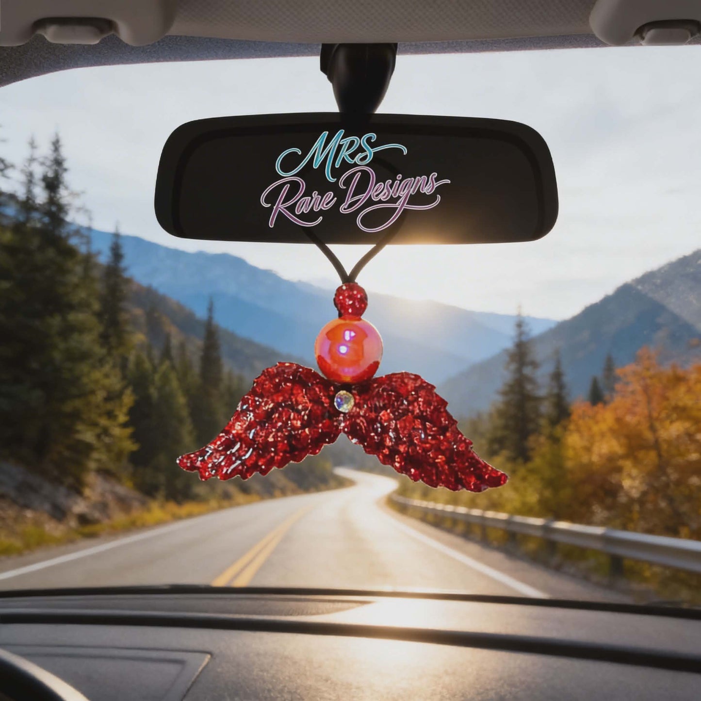 Handmade Red Glitter Angel Wings Resin Car Charm – Sparkling Guardian Rearview Mirror Decor