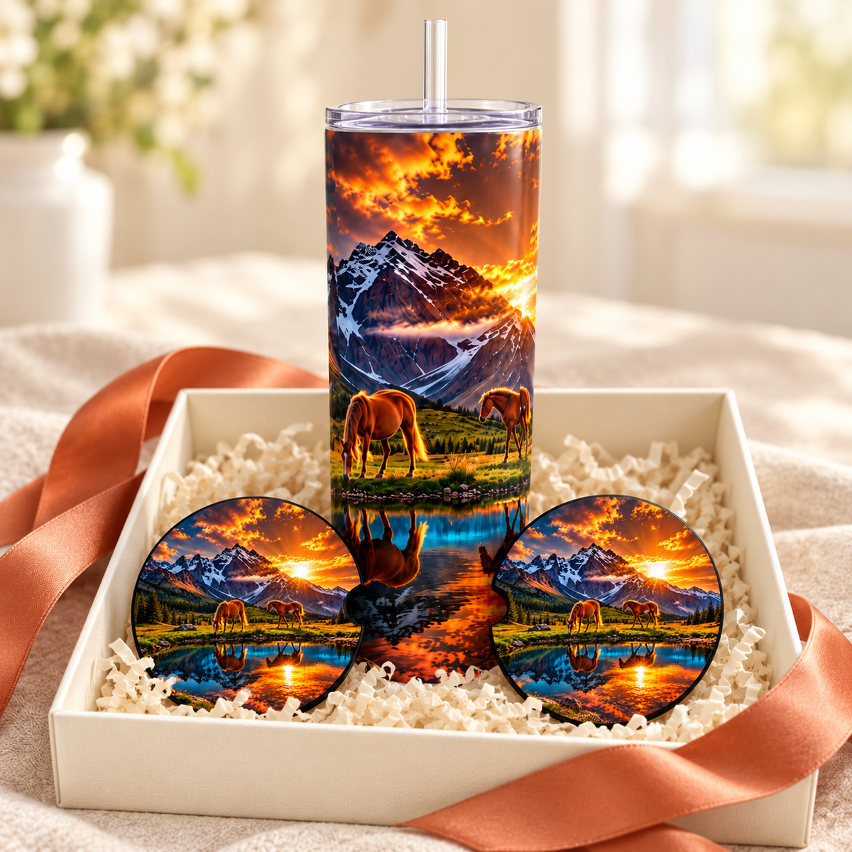 Golden Trails Horse & Mountain Sunset Tumbler and Car Coaster Gift Set