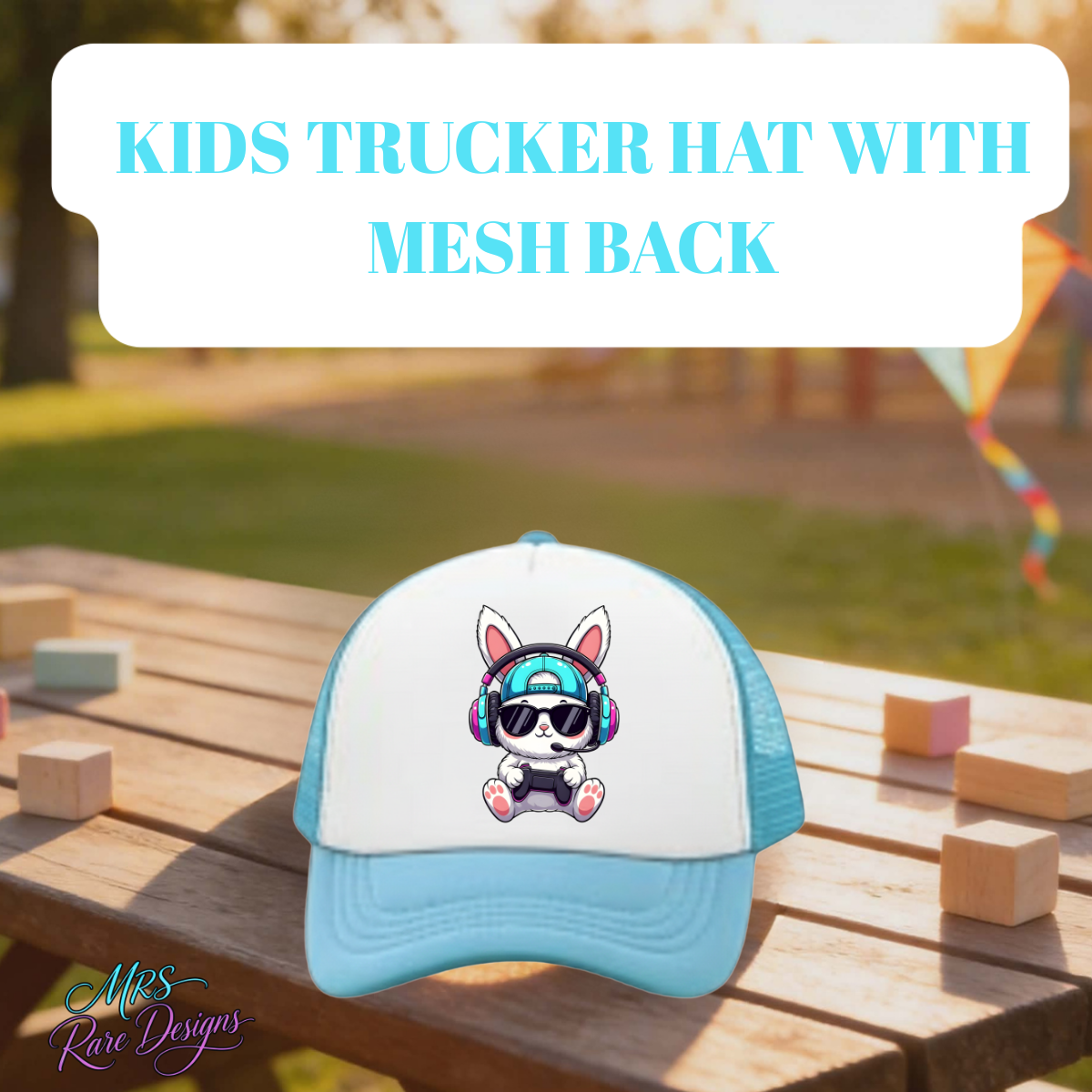Cool Bunny Gamer Kids Trucker Hat – Mesh Snapback Cap (Multiple Colors)