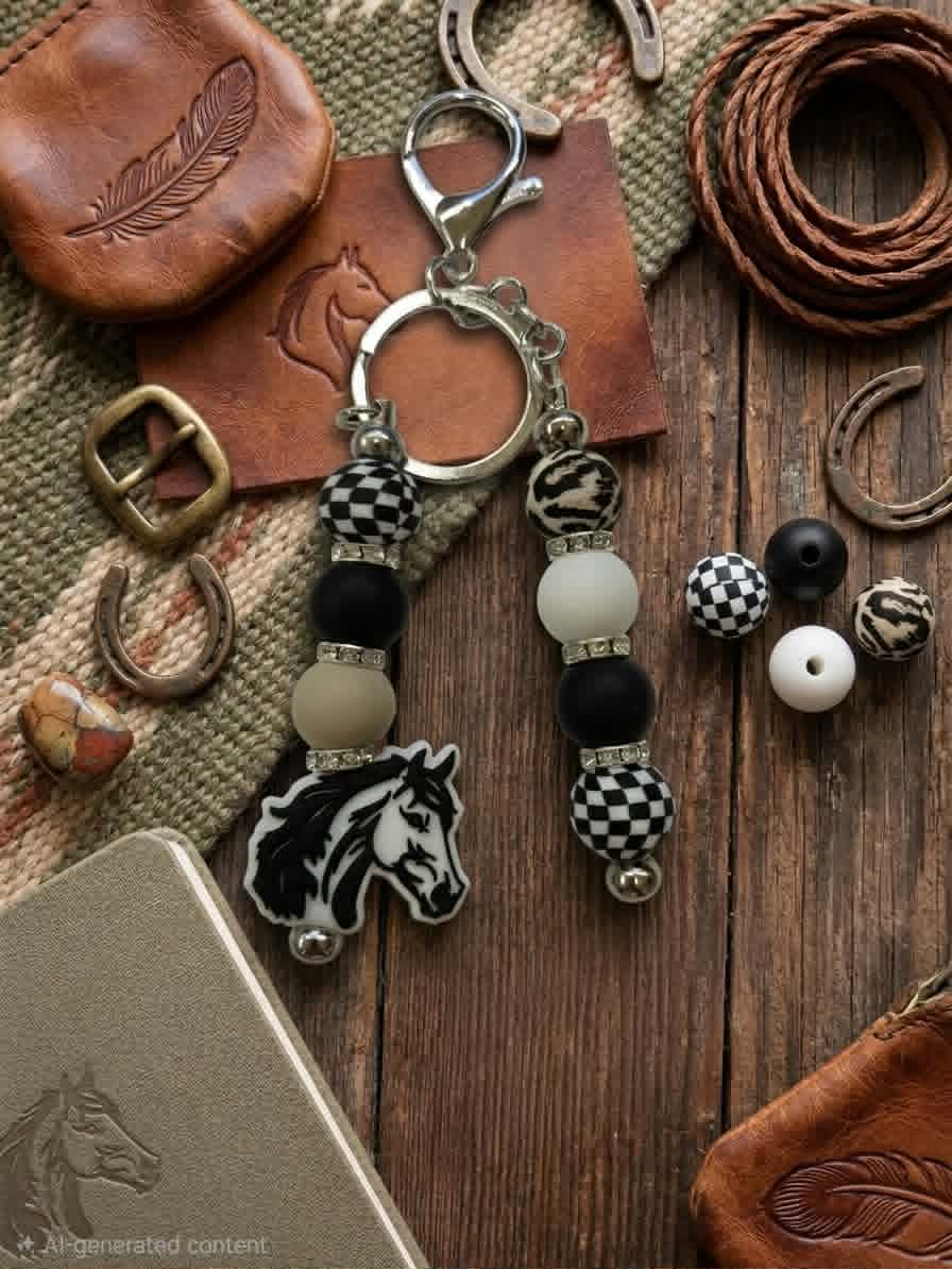 Checkered Trails Horse Beaded Keychain