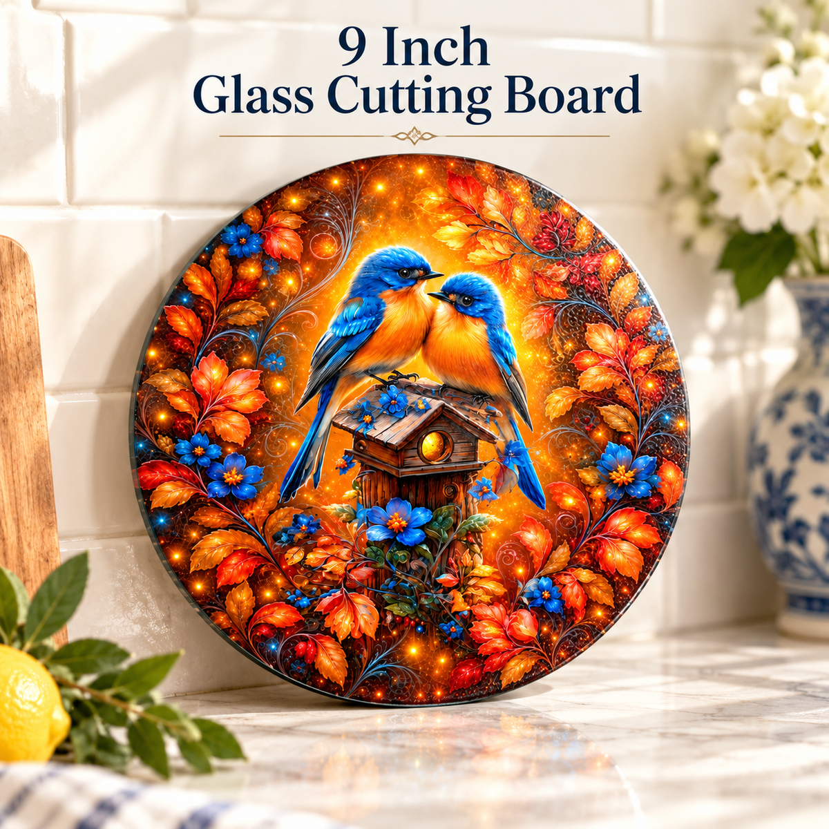 Amber Garden Bluebirds Round Glass Cutting Board – 9 Inch