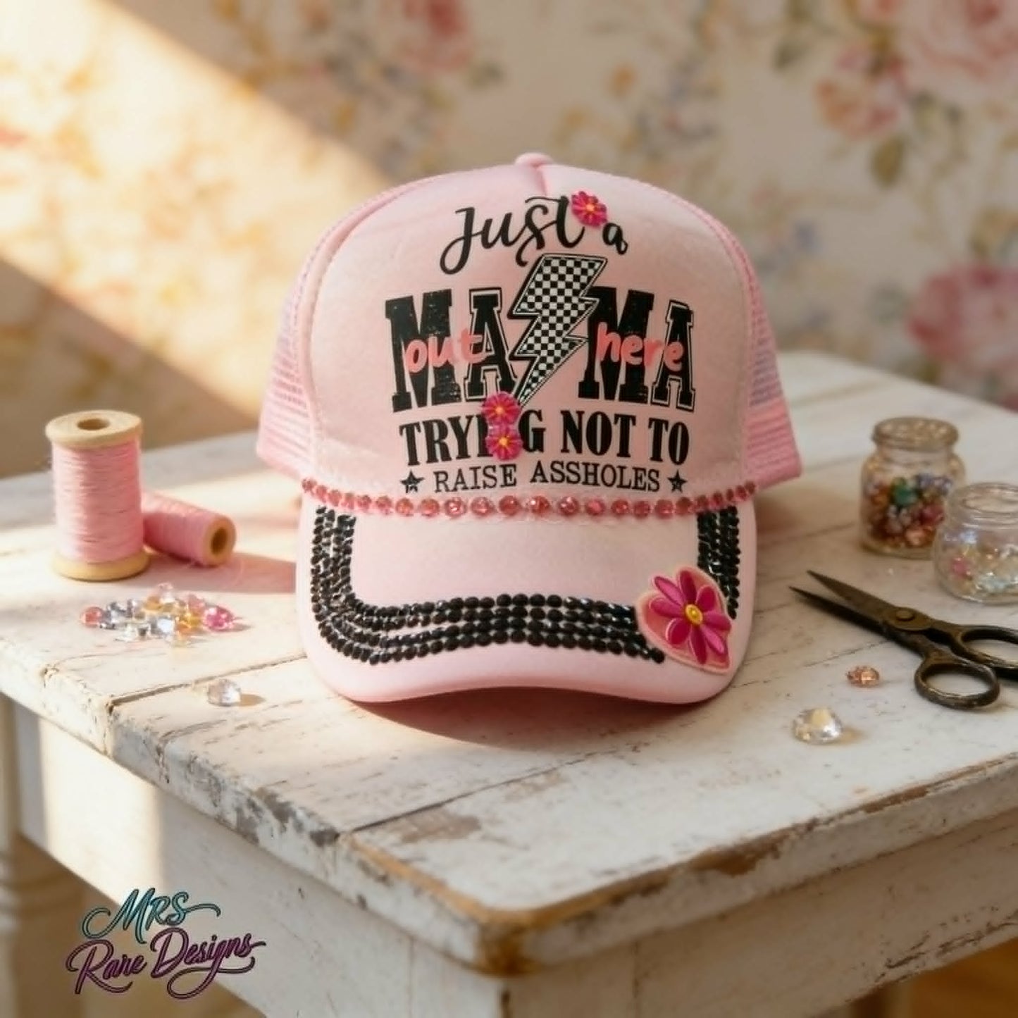 The Rhinestone Mama Trucker Hat "Raising Good Humans Is Hard Work" Edition