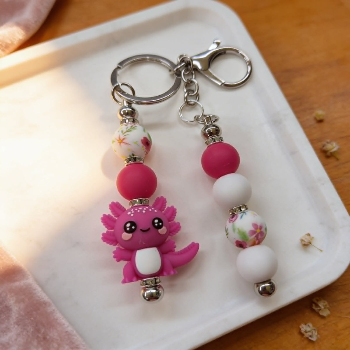 Petal Pink Axolotl Floral Beaded Keychain