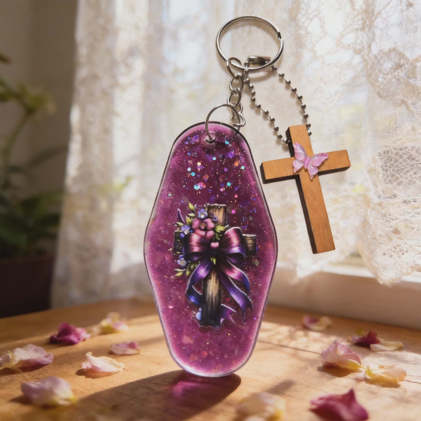 Purple Grace Cross Keychain Set – Sparkle Resin & Wooden Butterfly Cross