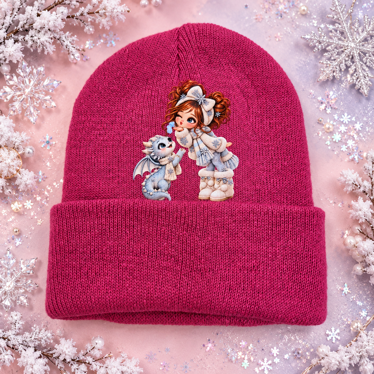 Winter Kisses Pink Girl & Dragon Beanie