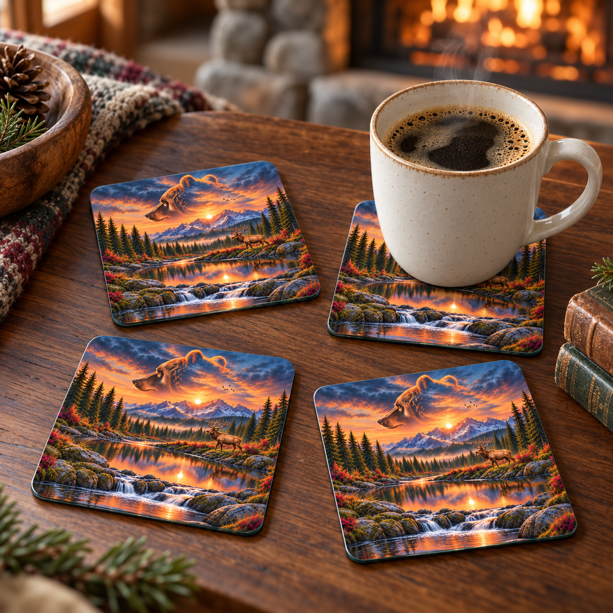 Bear Valley Sunset Square Glass Coasters – Set of 4