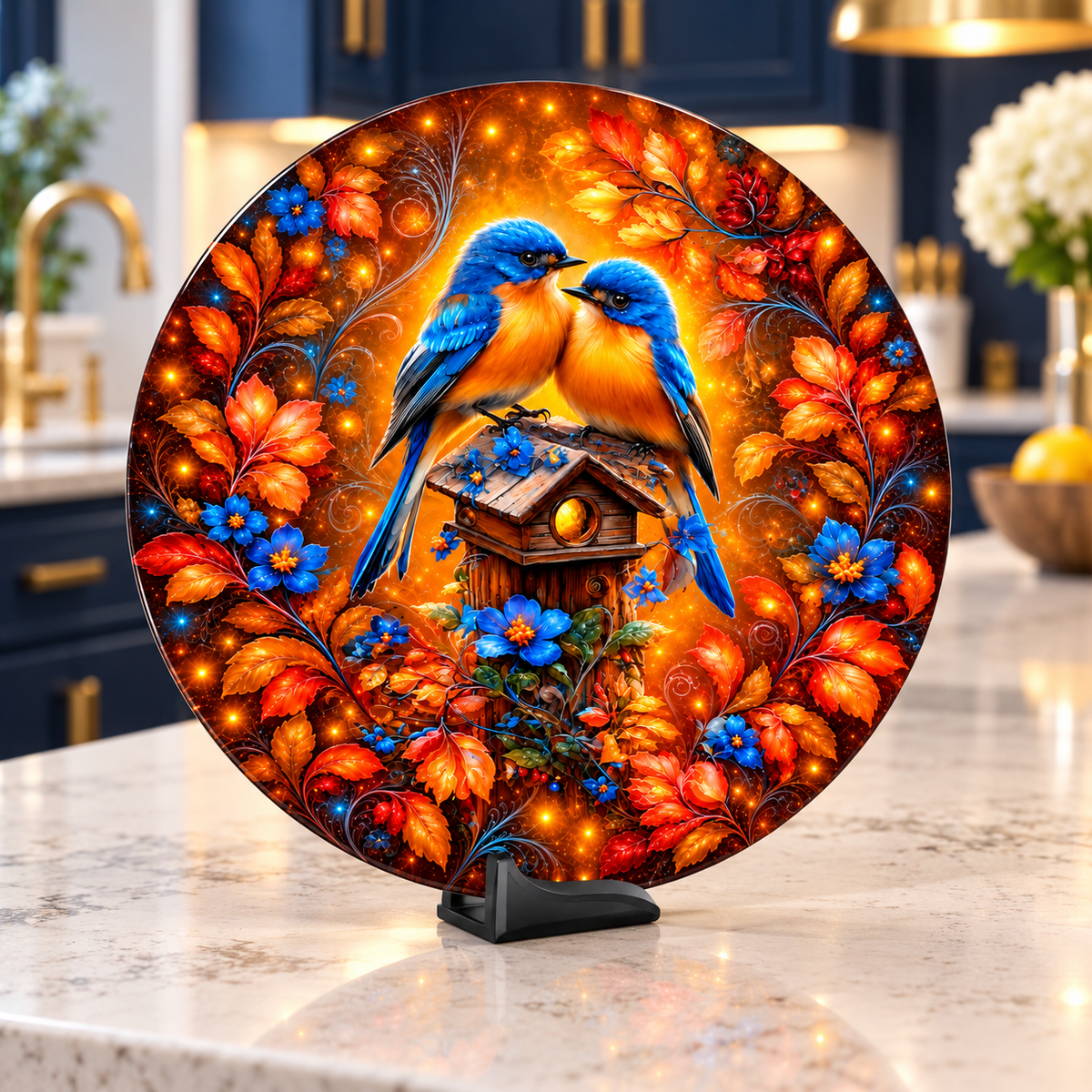 Amber Garden Bluebirds Round Glass Cutting Board – 11.8 Inch