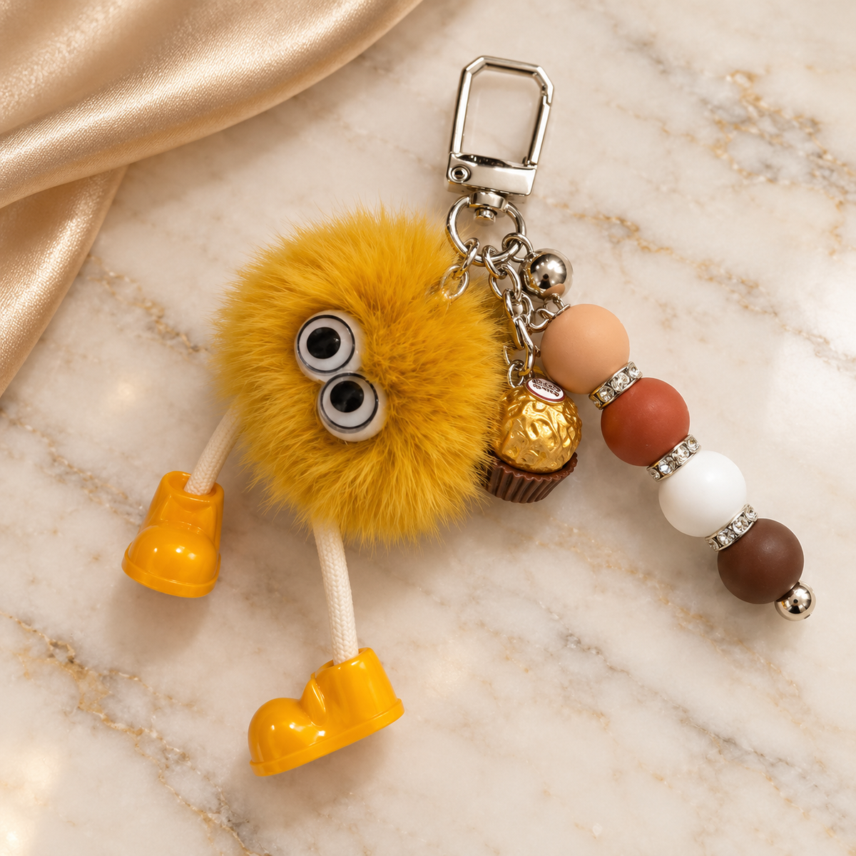 Golden Giggles Pom-Pom Beaded Keychain