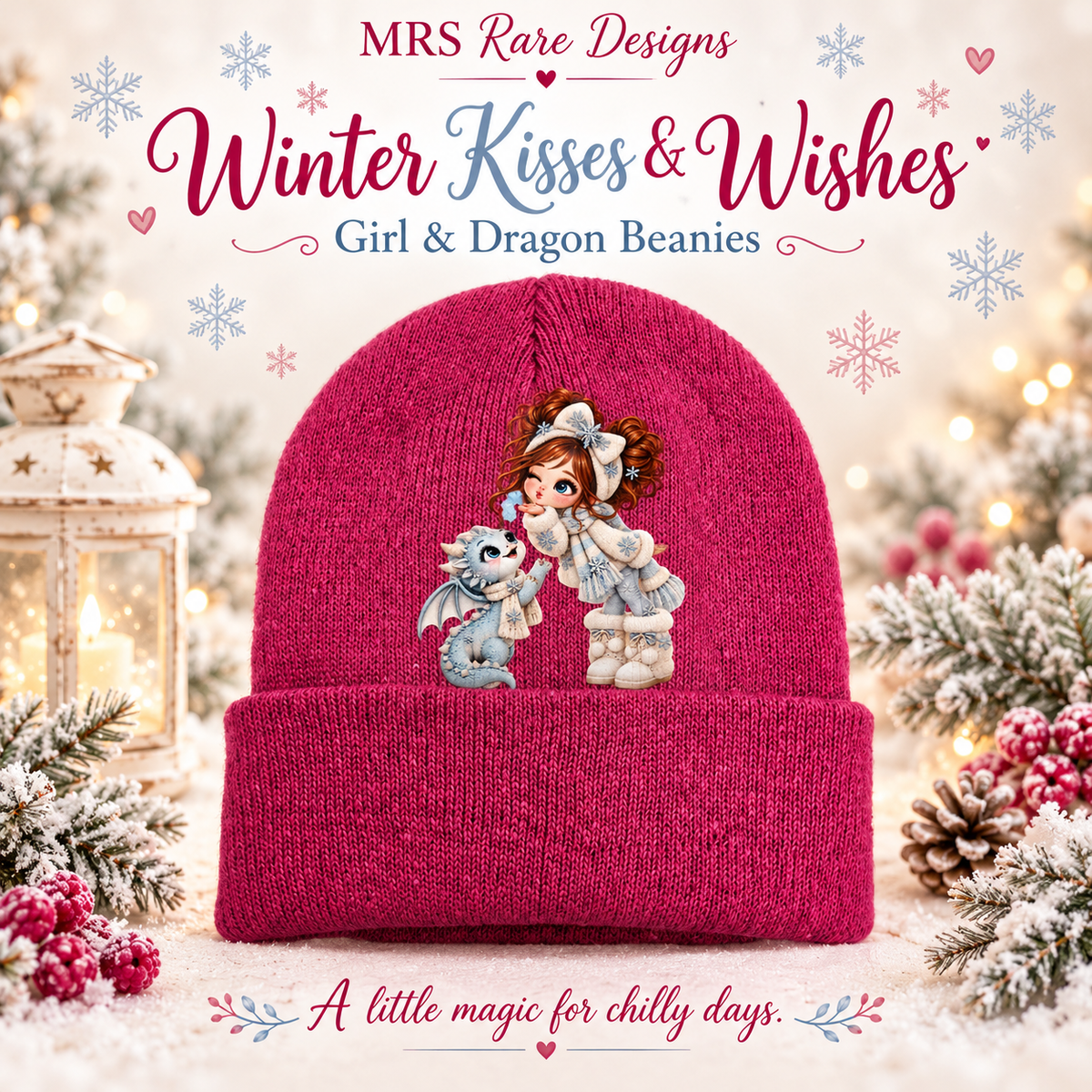 Winter Kisses Pink Girl & Dragon Beanie