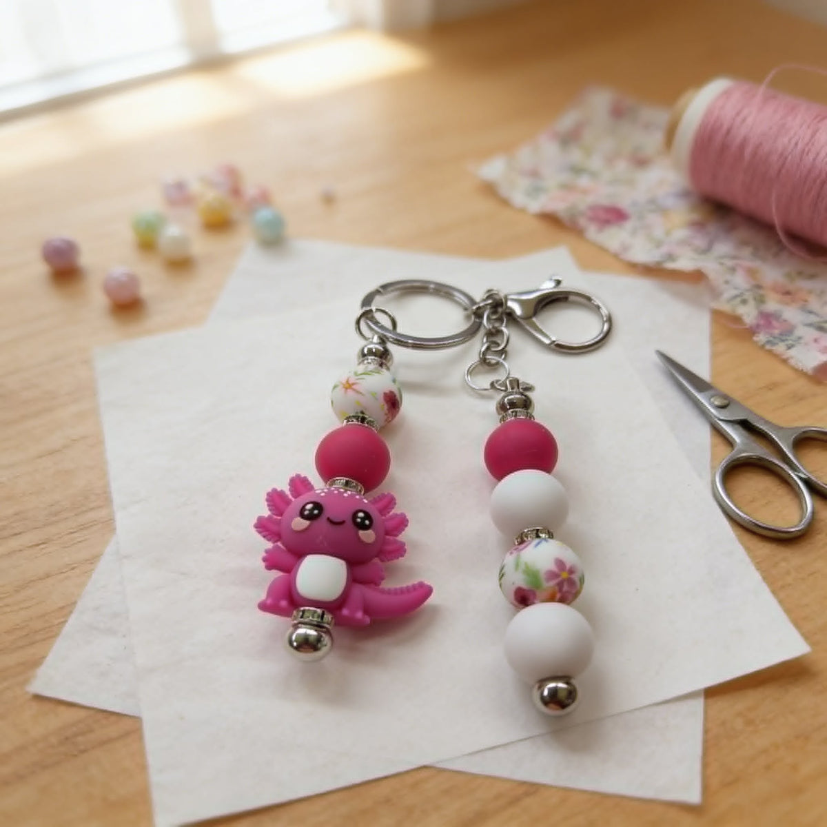 Petal Pink Axolotl Floral Beaded Keychain