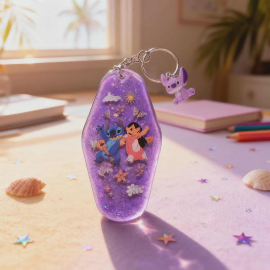 🌈 Lilo & Stitch Purple Galaxy Resin Keychain – Handmade Glitter Charm with UVDTF Art & Angel Mini 🌈