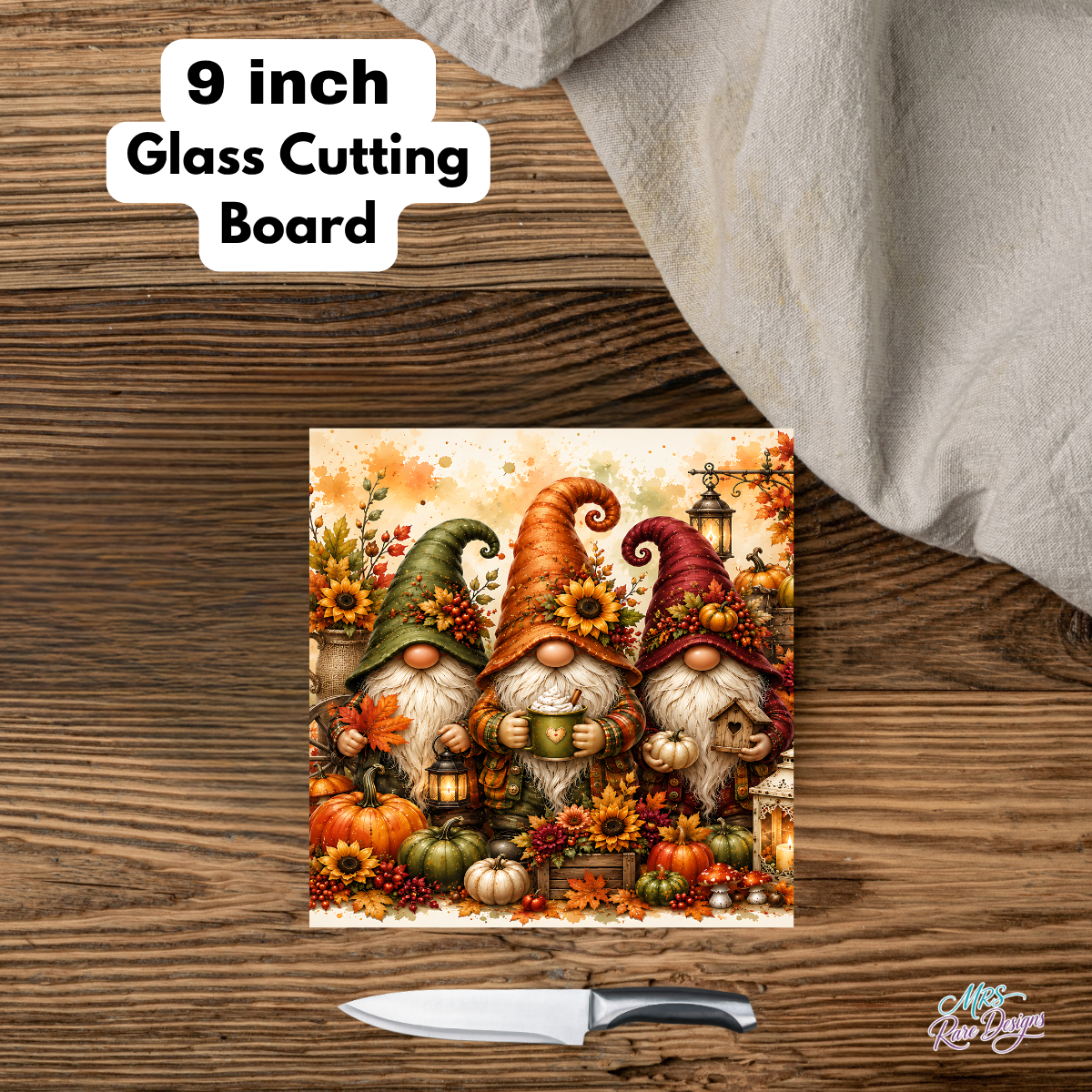 Cozy Autumn Gnomes Square Glass Cutting Board