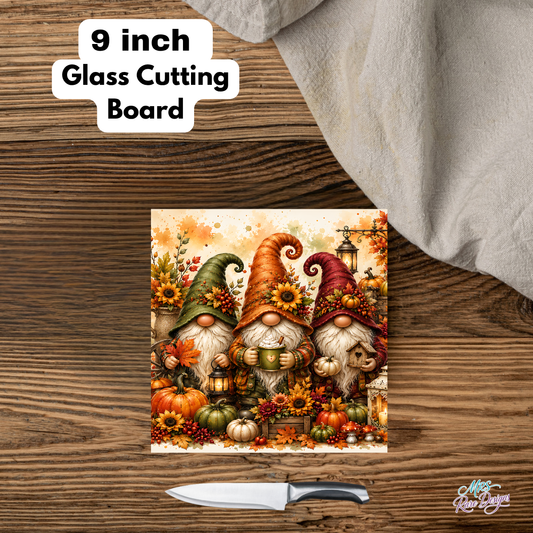 Cozy Autumn Gnomes Square Glass Cutting Board