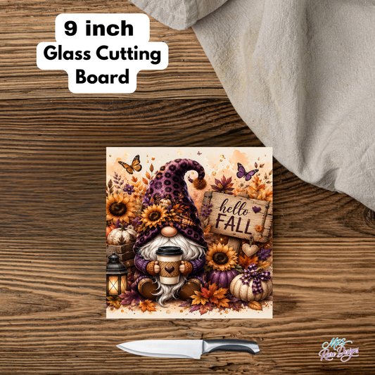 Purple Leopard Print Gnome "Hello Fall" Square Glass Cutting Board