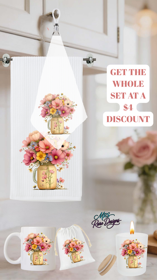 Floral Mason Jar Gift Set – Mug, Candle, Towel & Drawstring Bag Bundle