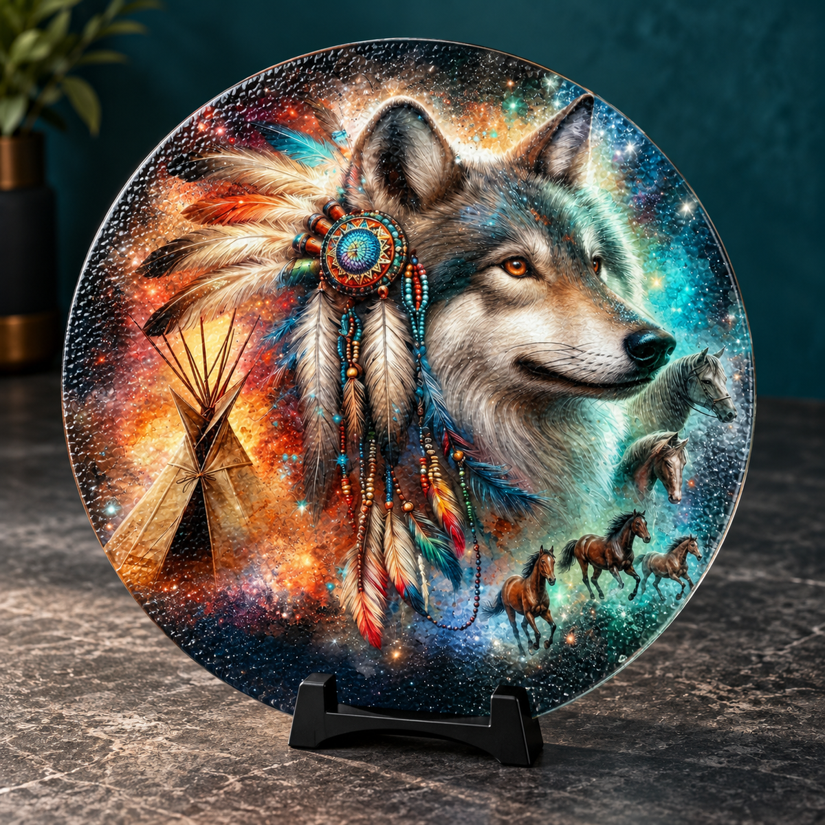 Wild Spirit Wolf 11.8-Inch Round Glass Cutting Board with Stand