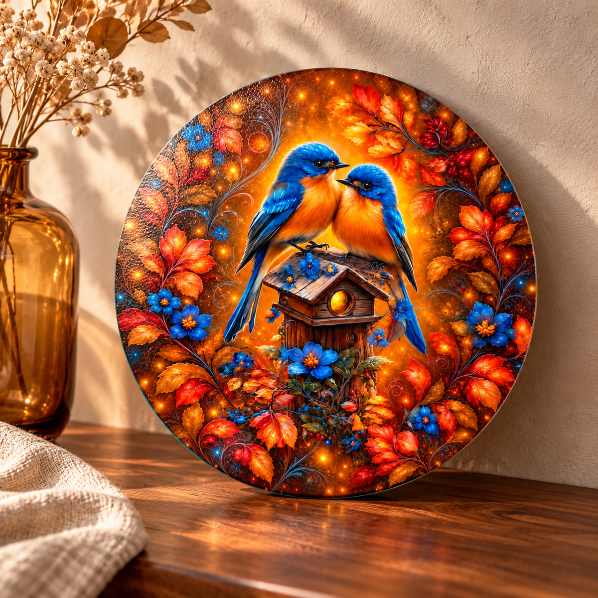 Amber Garden Bluebirds Round Glass Cutting Board – 9 Inch