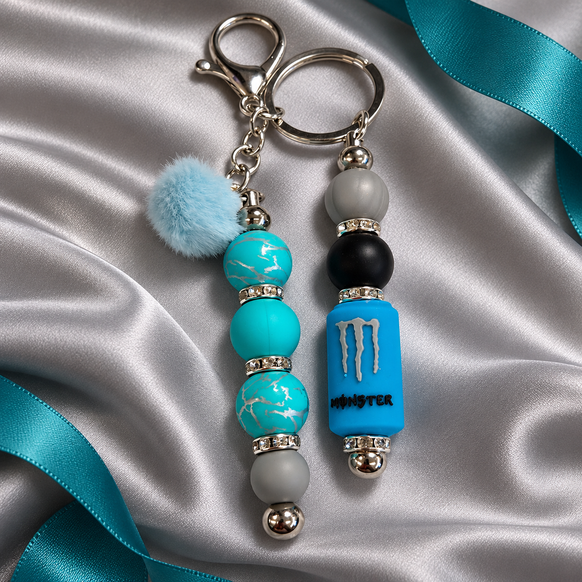 Blue Energy Drink Beaded Keychain with Pom Pom
