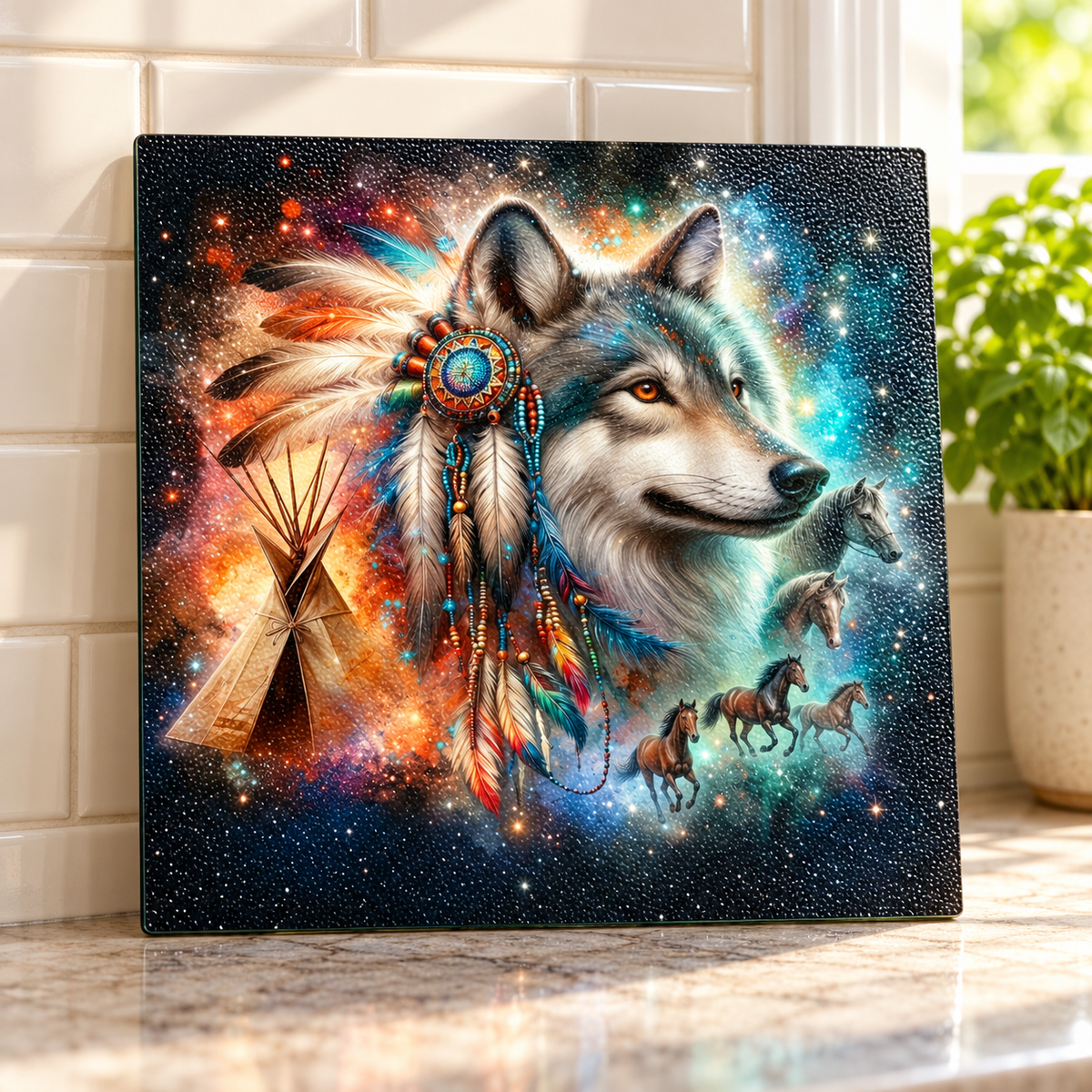 Wild Spirit Wolf 9-Inch Square Glass Cutting Board