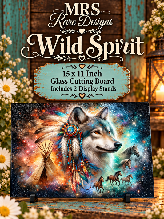 Wild Spirit Wolf 15 x 11-Inch Glass Cutting Board with Stands