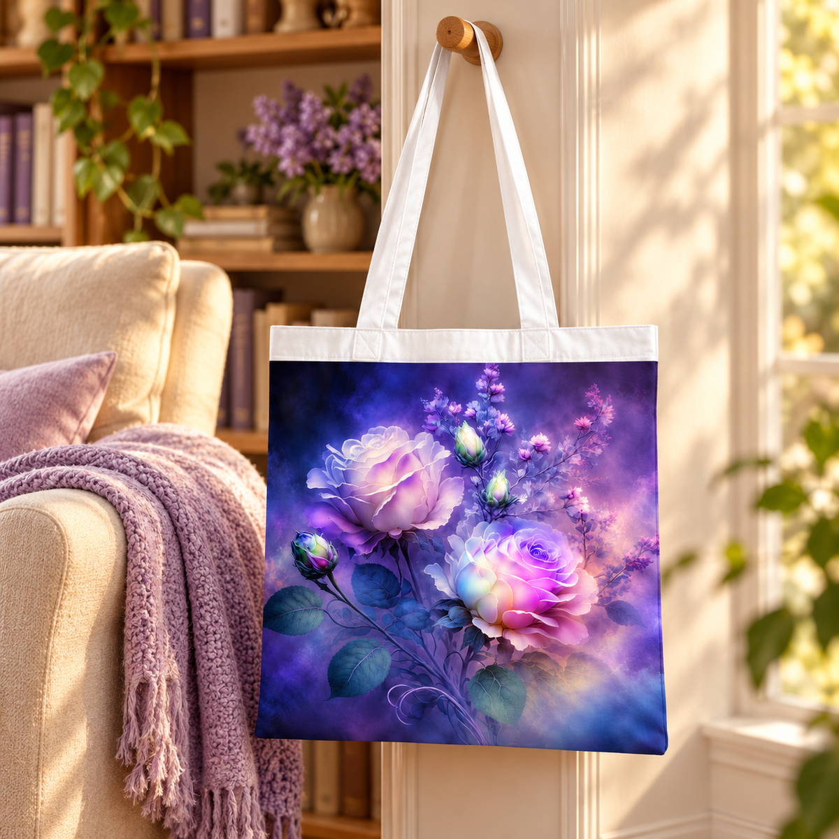 Twilight Bloom Purple Rose Tote Bag