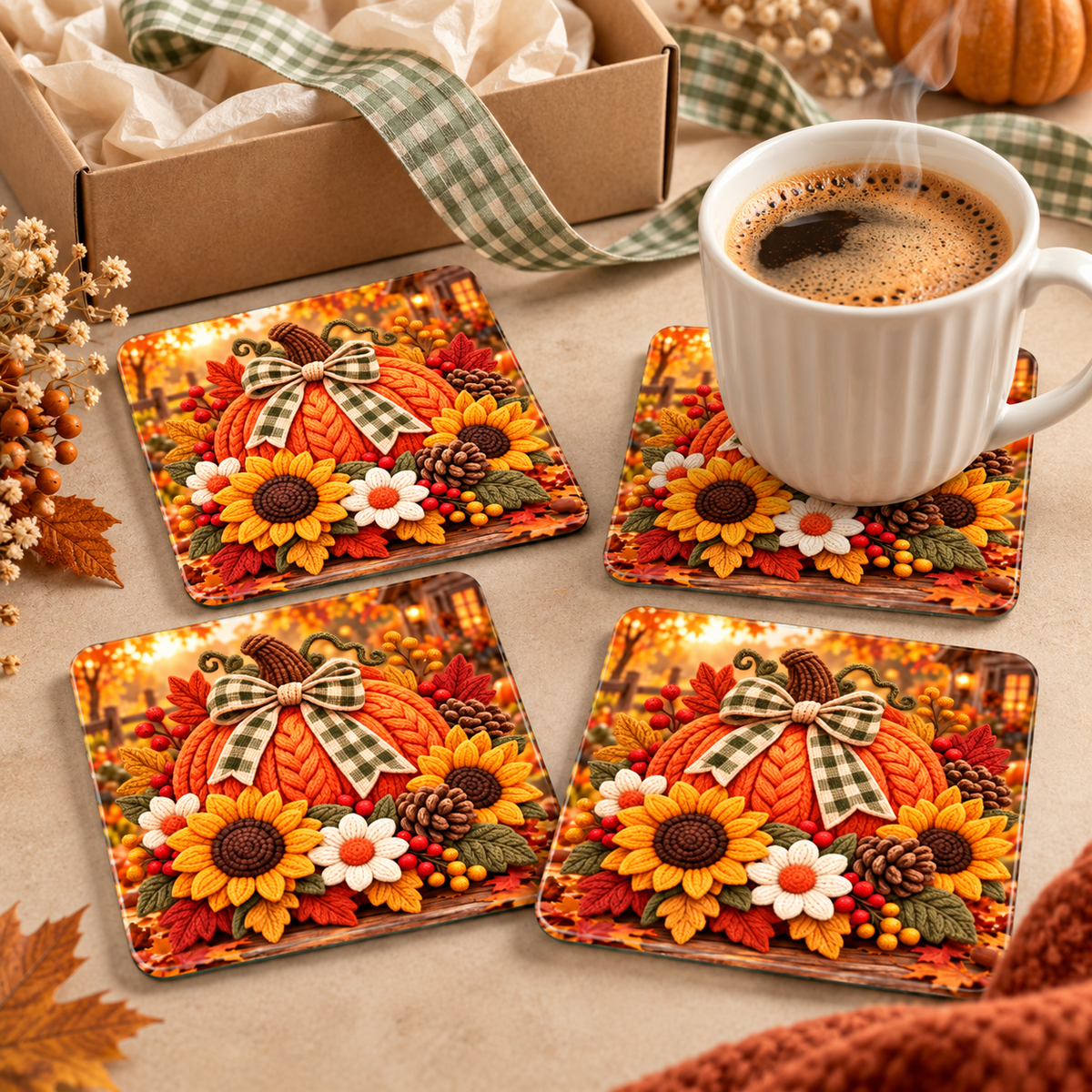 Cozy Harvest Pumpkin & Sunflower Glass Coaster Set