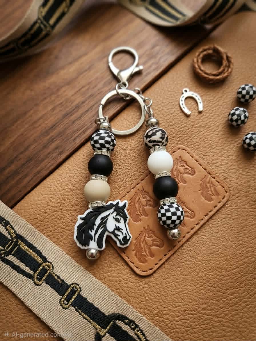 Checkered Trails Horse Beaded Keychain